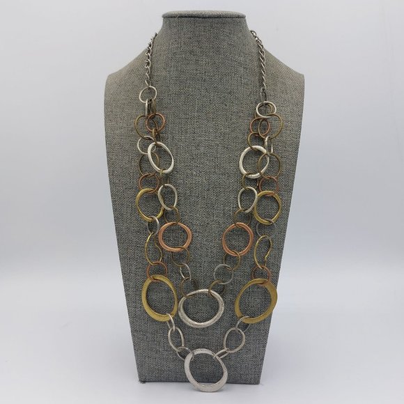 Mixed Metal Necklace Circle Ring Links Gold Copper Silver Brass Toned Two Strand - Picture 1 of 6
